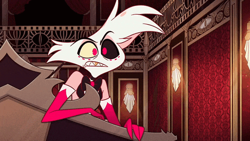 a cartoon character is sitting in a room with a red wall