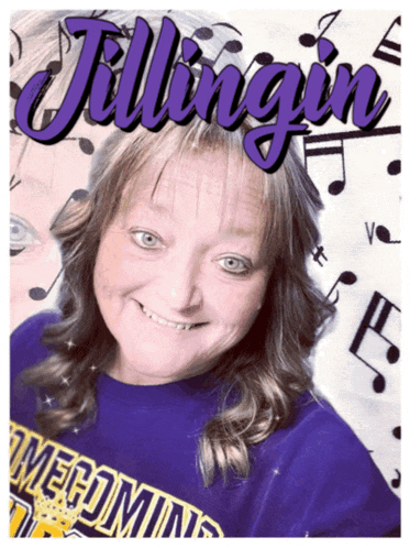a woman wearing a purple shirt that says jillinger is smiling