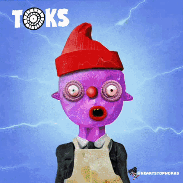 a cartoon character is wearing a red hat and an apron and the word tok 's is above him