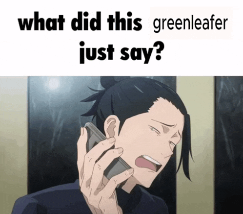 a picture of a man talking on a cell phone with the words what did this greenleafer just say