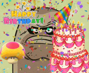 a happy birthday greeting card with a mushroom and a birthday cake