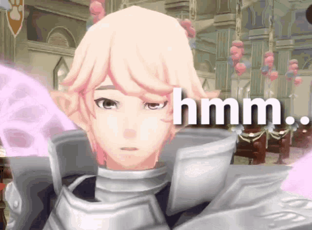 a video game character says hmm in front of a building