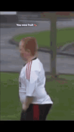 a man in a white shirt with red stripes is standing on a grassy field with the words " you wee fruit " on the bottom