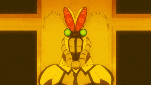 a cartoon drawing of a bug with green eyes and orange wings
