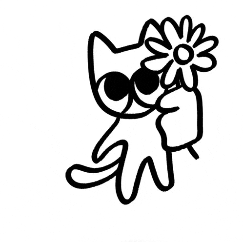 a black and white drawing of a cat with a flower in its mouth .