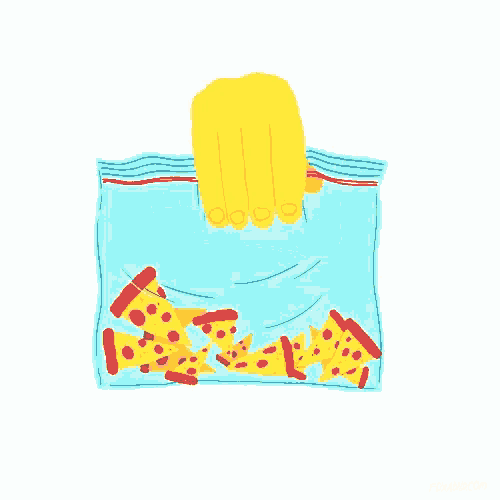 a hand is reaching into a bag of pizza slices