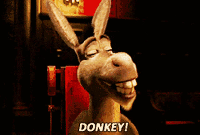 a donkey is standing in a dark room and says donkey !