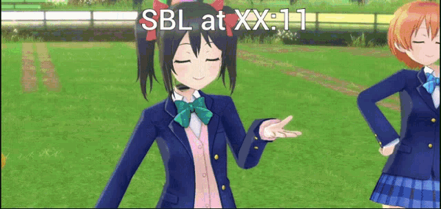 two anime girls are standing in a field with sbl at xx-11 written on the bottom