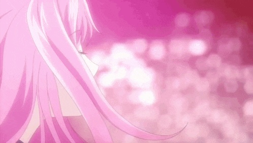 a girl with long pink hair is standing in front of a pink background with flowers .