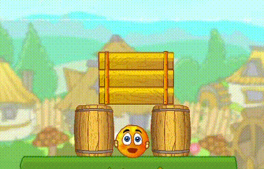 a cartoon smiley face is sitting on top of two wooden barrels in a video game .