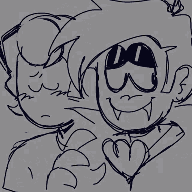 a black and white drawing of two cartoon characters with hearts