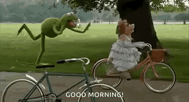 kermit the frog is standing on top of a bicycle next to a muppet on a bike .