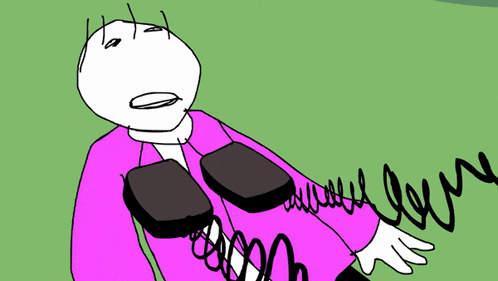 a cartoon drawing of a person with a purple shirt and black gloves