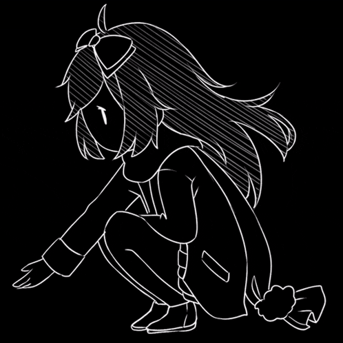 a black and white drawing of a girl with long hair and a bow on her head kneeling down .