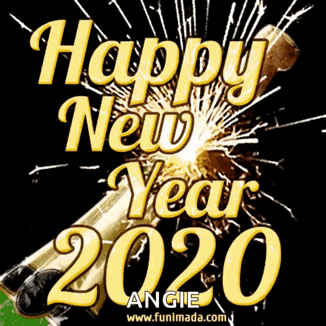 a happy new year 2020 greeting card with a bottle of champagne in the foreground