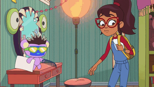 a cartoon of a girl standing next to a stuffed animal wearing glasses