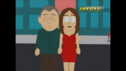 a cartoon of a man and a woman standing next to each other with snn live in the corner