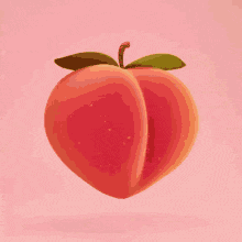 a peach with a leaf on a pink background