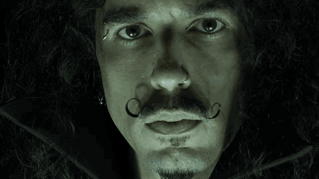 a close up of a man 's face with a mustache and piercings