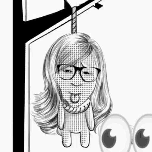 a cartoon drawing of a woman with glasses hanging from a rope