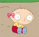 a cartoon character with a bow on his head is sitting on the ground .