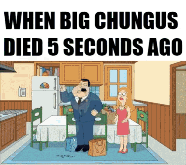 a cartoon of a man and a woman standing in a kitchen with the caption when big chungus died 5 seconds ago