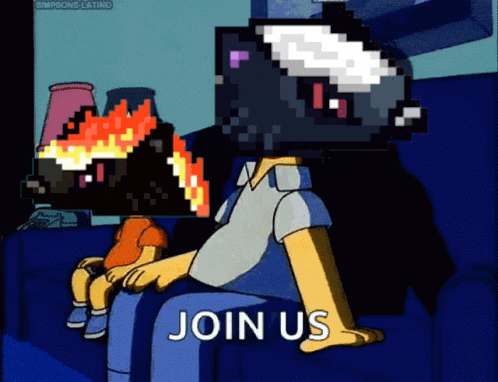 a cartoon of homer simpson sitting on a couch with the words join us