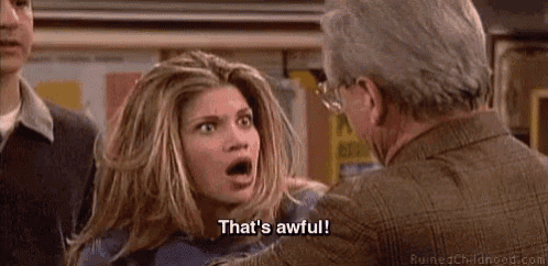a woman is talking to a man in a room and says `` that 's awful ! ''