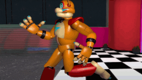 a cartoon character is standing on a checkered floor and waving
