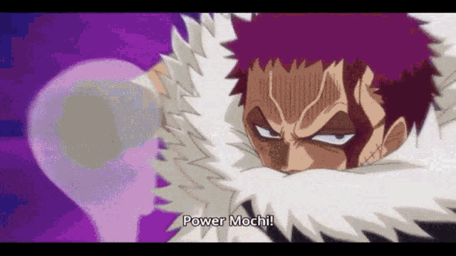 a man with a purple haircut is holding a purple object in his hand and says `` power mochi '' .