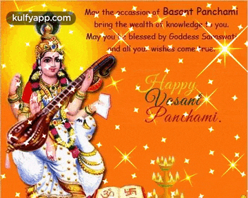 a happy vasant panchami card with a woman playing a musical instrument