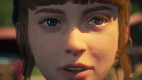 a close up of a girl 's face with a yellow eye