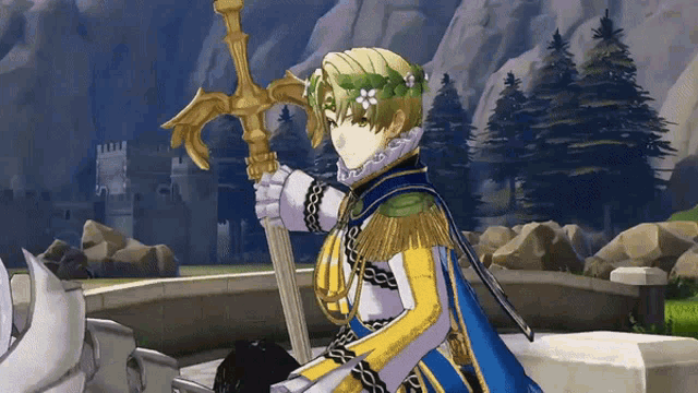 a video game character holding a sword and wearing a wreath of flowers