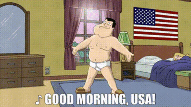 a man in underwear is dancing in a bedroom with the words " good morning usa " below him