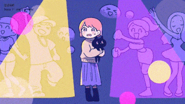 a cartoon drawing of a girl holding a black cat with the words " block 7 " at the top