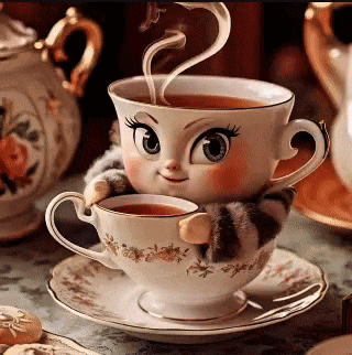 a cup of tea with a face on it on a saucer on a table .