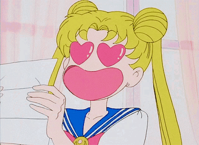 a cartoon girl with heart shaped eyes holds a piece of paper