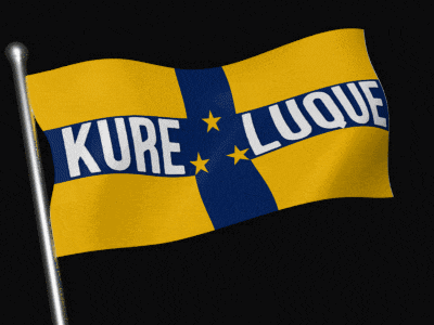 a yellow and blue flag that says " kure luque "