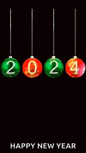 a happy new year greeting card with christmas balls hanging from a string