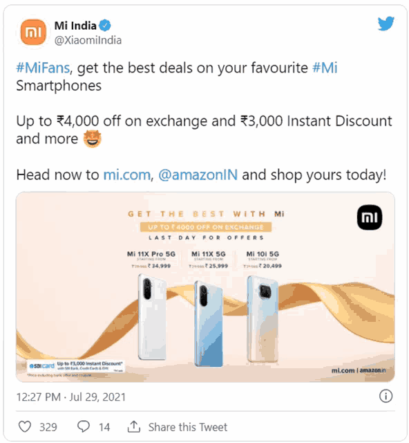 a screenshot of a tweet from mi india about mi smartphones