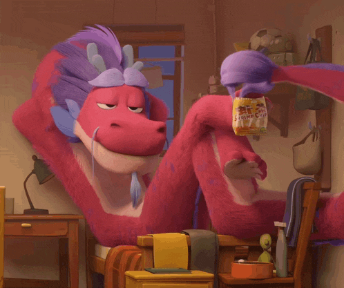 a cartoon character is holding a bag of chinese crisps