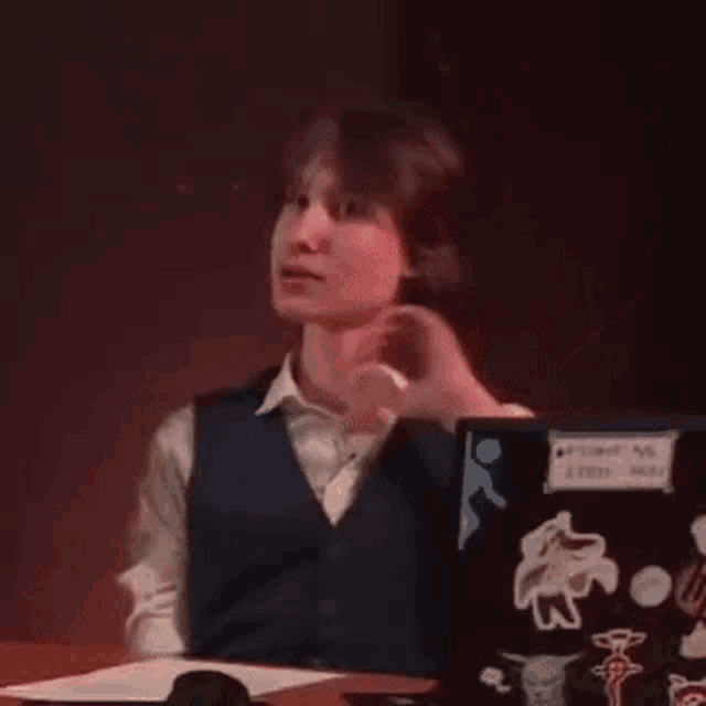 a woman is sitting at a desk with a laptop on it .