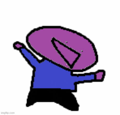 a cartoon character with a purple head and a blue shirt is standing with his hands in the air .