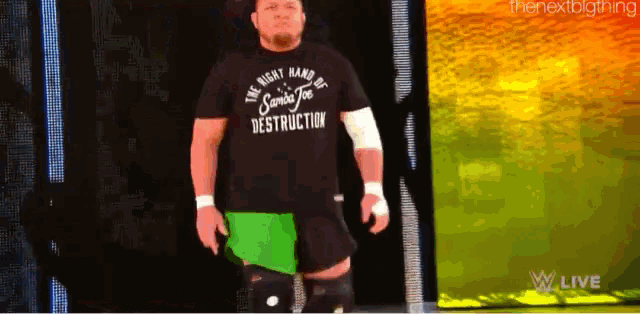 a wrestler wearing a shirt that says the right hand of destruction
