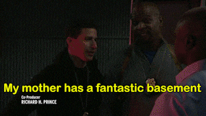 two men are talking in a dark room and the caption says my mother has a fantastic basement title of your sex tape