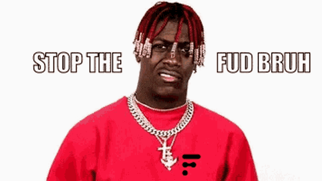 a man with red hair is wearing a red sweater and a chain around his neck and says `` stop the fud bruh '' .