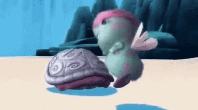 a turtle and a pony are standing next to each other on a beach in a video game .