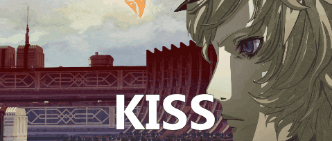a pixel art drawing of a woman with the word kiss on the bottom right