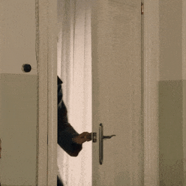 a woman in a fur coat opens a door