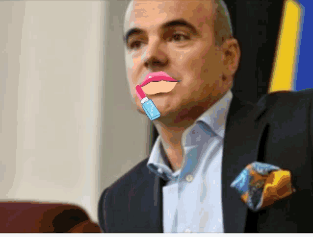 a man in a suit has a lipstick brush in his mouth